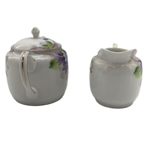 Meito China Creamer & Sugar Bowl w/ Lid Hand Painted Violet Floral Gold Trimmed - Picture 5 of 15